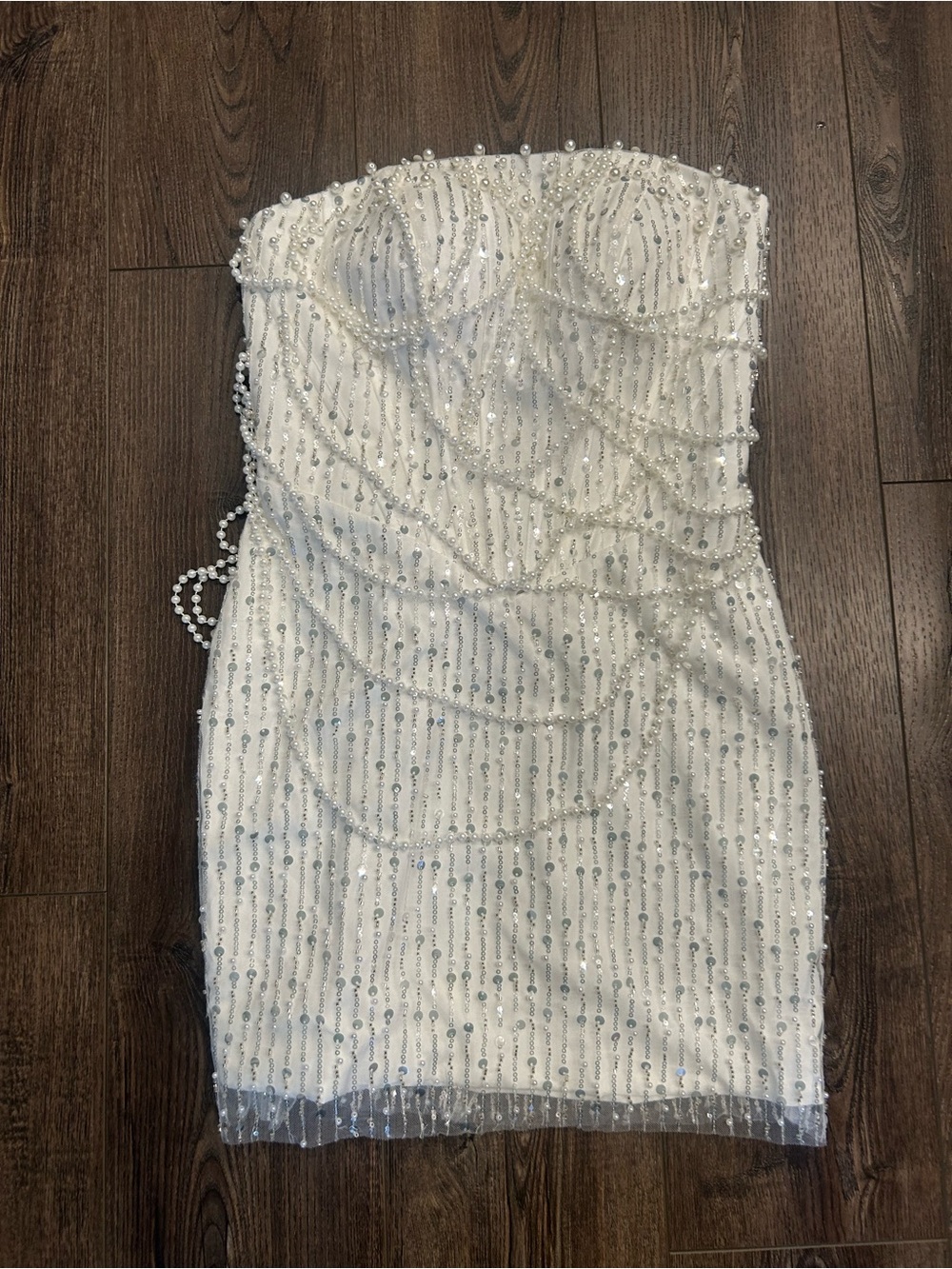 Strapless White Pearl & Sequin Embellished Mini Dress